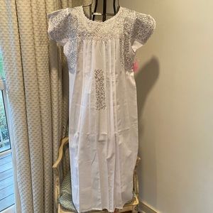 Embroidered Mexican Dress, White and Silver